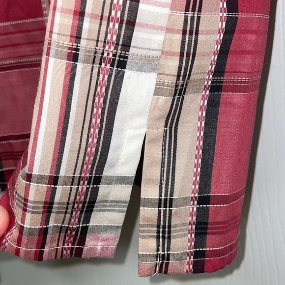 Allison Daley Petite Shirt Collar Button Up Plaid Stripe 3/4 Flip Split Cuff Top - Picture 5 of 12